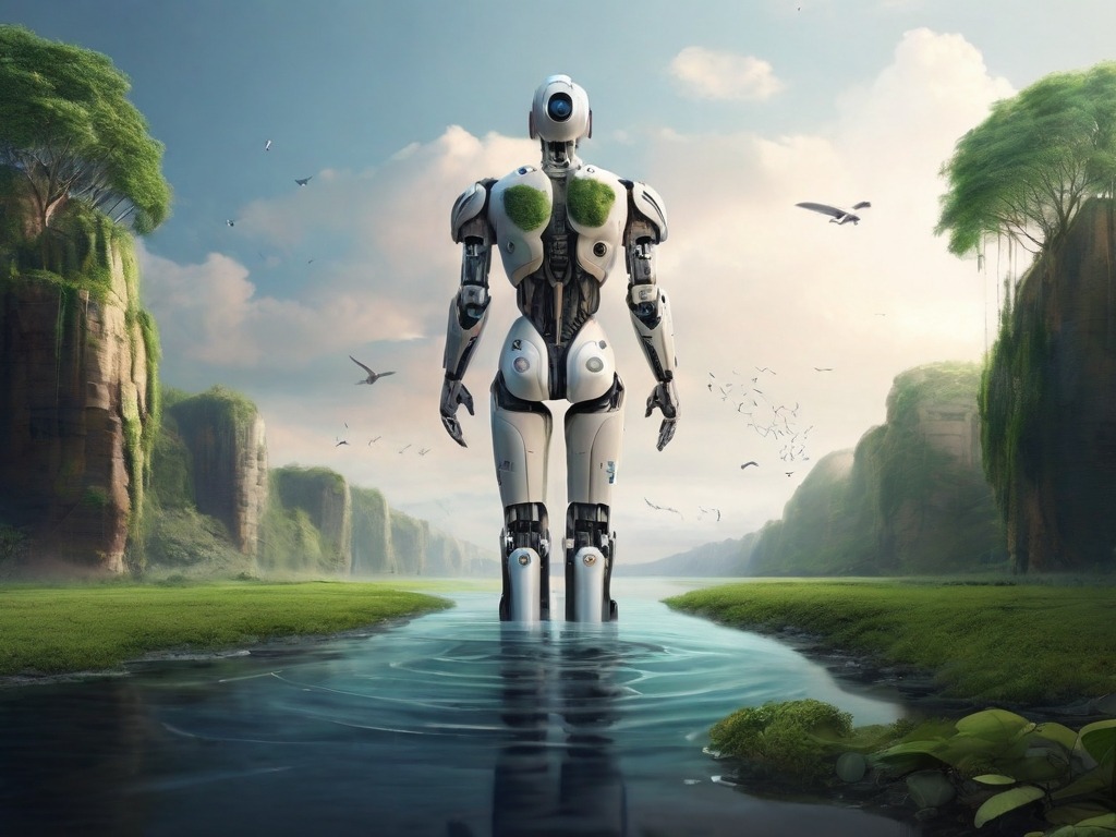 Um robô admirando uma paisagem