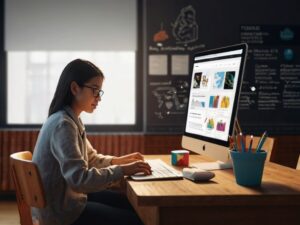 Uma menina utilizando um computador para estudar