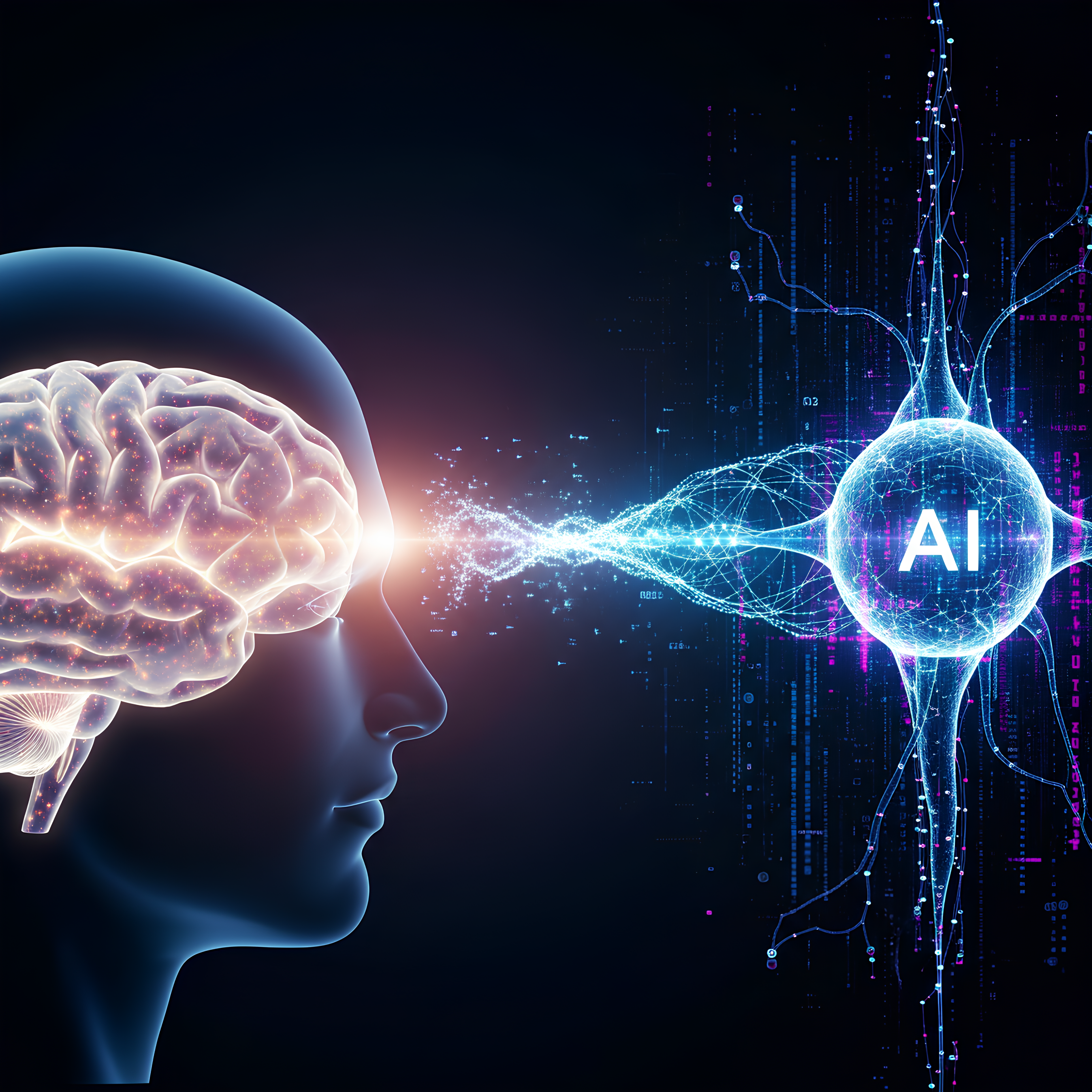 A imagem mostra a conexão entre o cérebro humano e uma inteligência artificial, com o "prompt" sendo a ponte de comunicação que transforma o pensamento lógico e criativo em resultados digitais.