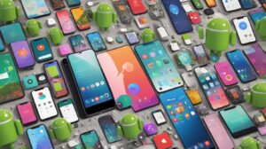 vários celulares na imagem, e o logo do android