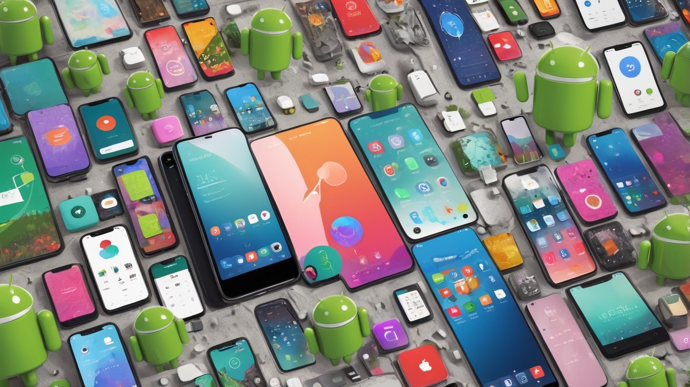 vários celulares na imagem, e o logo do android