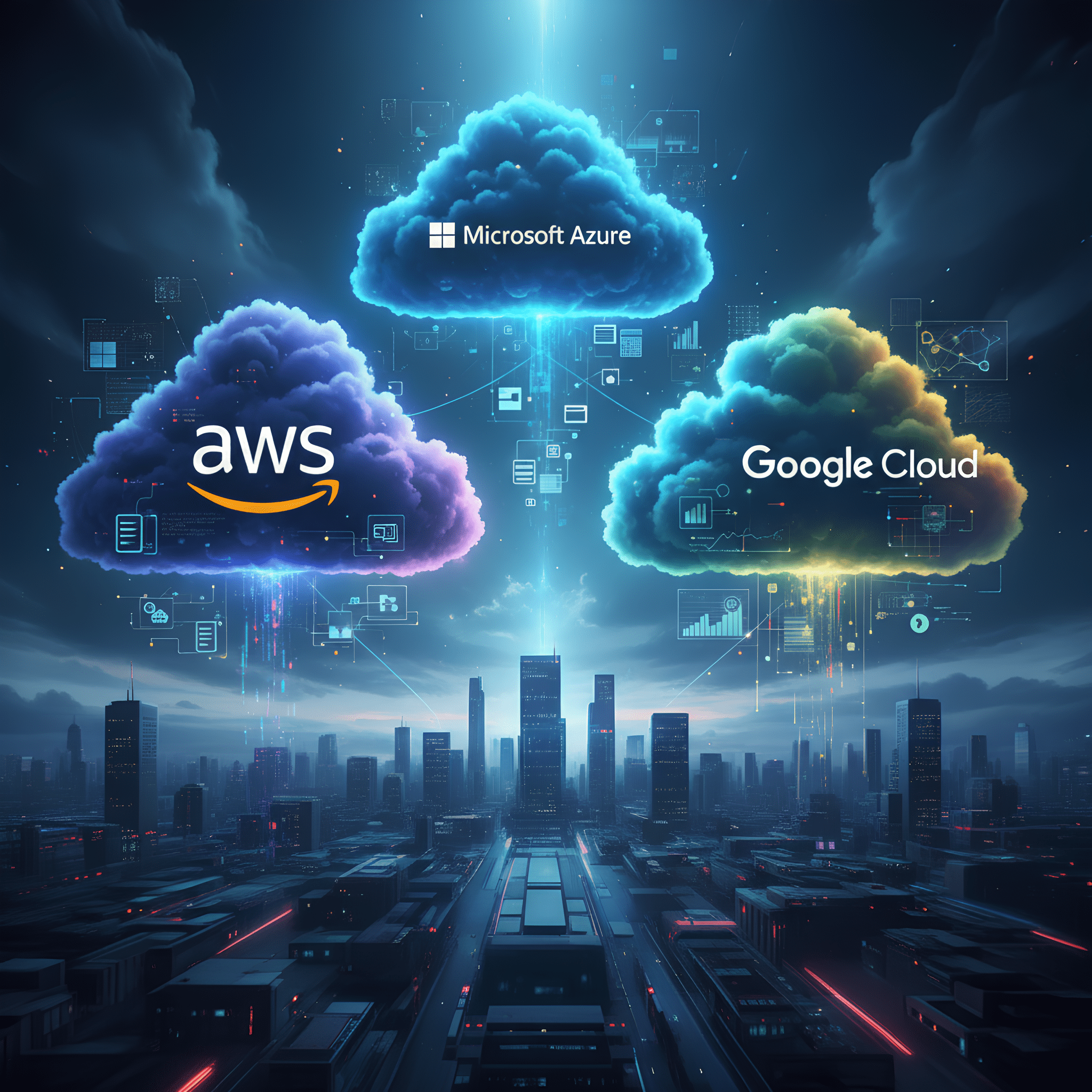 Representação visual de uma "batalha das nuvens". Três grandes esferas digitais, cada uma com cores e logotipos discretos das principais plataformas de cloud (azul escuro para AWS, azul claro para Azure e multi-cores para Google Cloud), estão suspensas no espaço digital, interligadas por linhas de dados e em aparente competição. O fundo é composto por circuitos abstratos e bits de informação, simbolizando a infraestrutura tecnológica global.