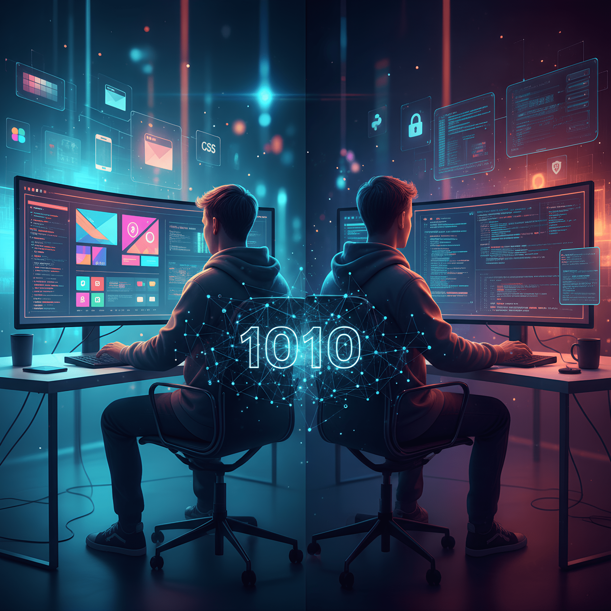 Uma imagem abstrata e minimalista que representa o desenvolvimento full-stack. Em um fundo escuro, dois ícones luminosos se conectam por uma linha tracejada: à esquerda, um ícone de monitor de computador simboliza o frontend; à direita, um ícone de banco de dados ou servidor representa o backend. A linha que os une, pulsando com energia, simboliza a comunicação e a união entre as duas pontas da tecnologia, representando a função completa de um desenvolvedor full-stack.