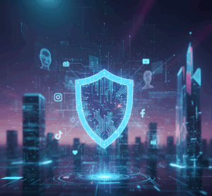 Uma representação visual da convergência da privacidade de dados (simbolizada por um escudo ou cadeado digital), redes sociais (ícones de plataformas ou redes conectadas) e o futuro tecnológico (elementos de IA, como circuitos, ou formas futuristas), com uma tonalidade que sugira tanto desafio quanto inovação.