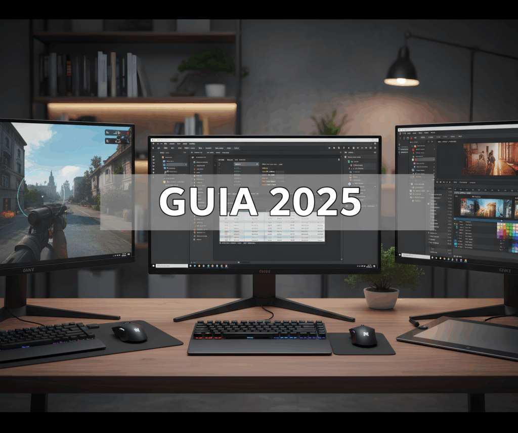 Uma mesa de escritório com três monitores de computador exibindo um jogo, um programa de edição e um software de desenvolvimento. O texto 'GUIA 2025' aparece na tela central.