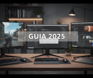 Uma mesa de escritório com três monitores de computador exibindo um jogo, um programa de edição e um software de desenvolvimento. O texto 'GUIA 2025' aparece na tela central.