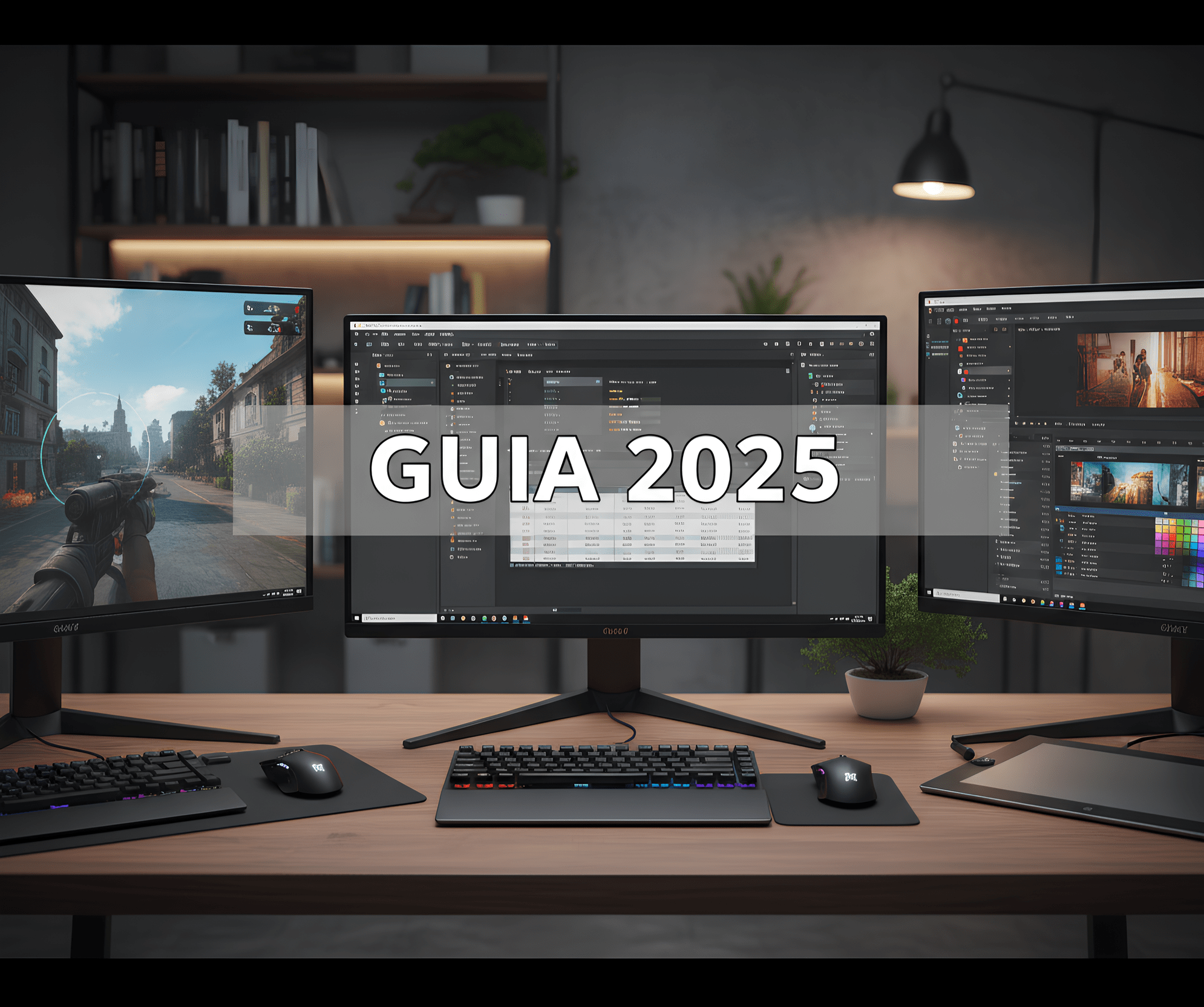 Uma mesa de escritório com três monitores de computador exibindo um jogo, um programa de edição e um software de desenvolvimento. O texto 'GUIA 2025' aparece na tela central.