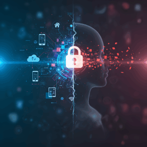 Uma imagem abstrata e conceitual que ilustra o dilema entre inovação e privacidade. O foco central é um cadeado (símbolo de privacidade e segurança) feito de dados ou circuitos, que está sendo puxado e distorcido por forças opostas: de um lado, linhas de código e ícones de aplicativos (simbolizando a inovação tecnológica); do outro, uma barreira digital que tenta proteger a integridade do cadeado. O uso de cores contrastantes, como azul escuro para o fundo e tons de verde e vermelho para as forças em conflito, reforça o sentido de um grande dilema ou tensão.