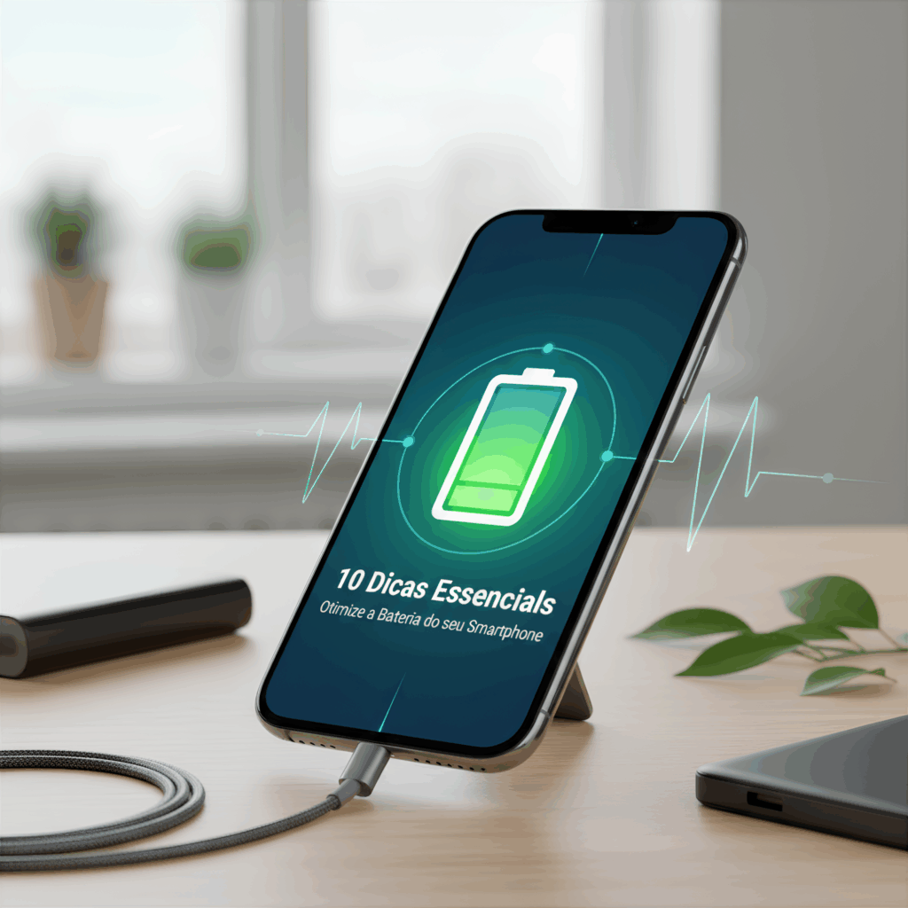 Um smartphone moderno está em um suporte sobre uma mesa de madeira, conectado a um cabo de carregamento. A tela do celular exibe um ícone de bateria brilhante em tom de verde neon, com ondas de energia estilizadas ao redor, simbolizando otimização e carregamento. No rodapé da tela, o texto "10 Dicas Essenciais: Otimize a Bateria do seu Smartphone" está visível. Ao fundo, uma janela com luz natural e algumas plantas desfocadas criam um ambiente clean e produtivo.