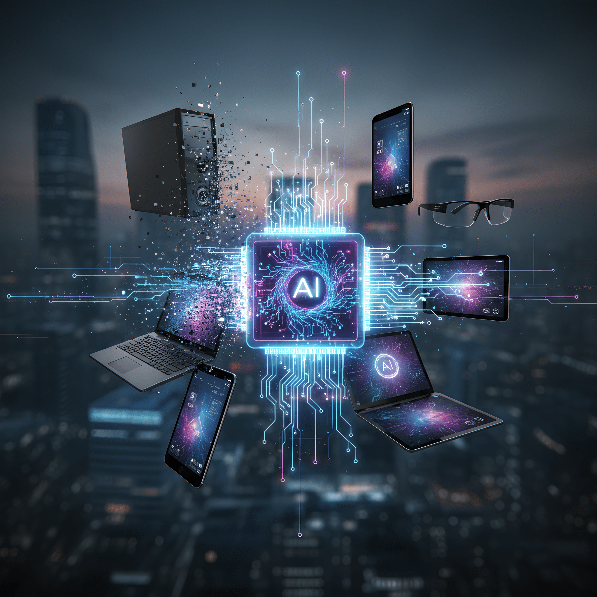 Uma ilustração futurista de um chip de IA central, com o símbolo "AI", irradiando circuitos de energia que se conectam a diversos dispositivos modernos, como um desktop, um laptop, um smartphone e um tablet. A cena se passa em uma paisagem urbana noturna, simbolizando a integração da tecnologia no cotidiano.