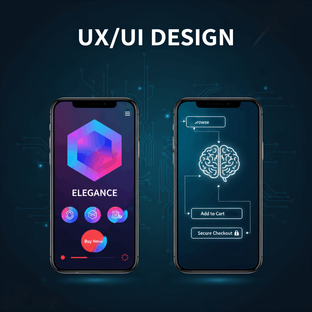 Dois smartphones lado a lado com uma linha divisória diagonal. O smartphone à esquerda exibe um design de interface (UI) colorido e esteticamente agradável com o texto "Elegance". O smartphone à direita ilustra um diagrama de fluxo (UX) com um cérebro no centro e setas indicando um processo de navegação (Browse, Add to Cart, Secure Checkout). Acima, o texto "UX/UI DESIGN"