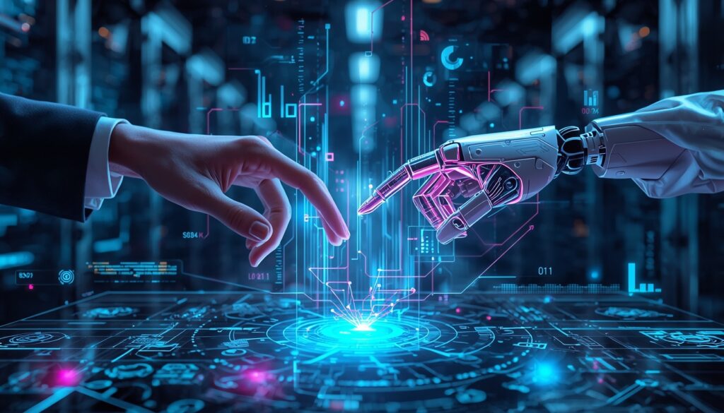 Uma mão humana estilizada e uma mão robótica de IA brilhante estão interagindo conjuntamente com uma interface holográfica complexa composta por fluxos de dados, gráficos preditivos, nós de rede e padrões geométricos que se erguem de um tabuleiro de jogo estratégico digital. O estilo é cyberpunk encontra alta tecnologia corporativa, com uma paleta de cores de azuis elétricos, roxos profundos e acentos ciano brilhantes. O fundo é um data center abstrato e desfocado. A atmosfera é dinâmica, inteligente e revolucionária.