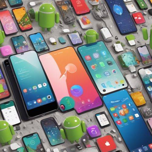 vários celulares na imagem, e o logo do android