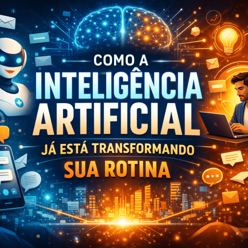 Ilustração digital futurista com o título “Como a Inteligência Artificial já está transformando sua rotina”. A imagem mostra um robô interagindo com ícones de mensagens e tecnologia de um lado e um homem utilizando notebook do outro, com elementos digitais, cérebro tecnológico e cidade iluminada ao fundo, representando o impacto da IA no cotidiano.