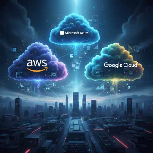 Representação visual de uma "batalha das nuvens". Três grandes esferas digitais, cada uma com cores e logotipos discretos das principais plataformas de cloud (azul escuro para AWS, azul claro para Azure e multi-cores para Google Cloud), estão suspensas no espaço digital, interligadas por linhas de dados e em aparente competição. O fundo é composto por circuitos abstratos e bits de informação, simbolizando a infraestrutura tecnológica global.