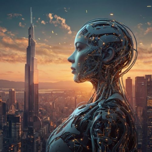 Um robo observando uma paisagem