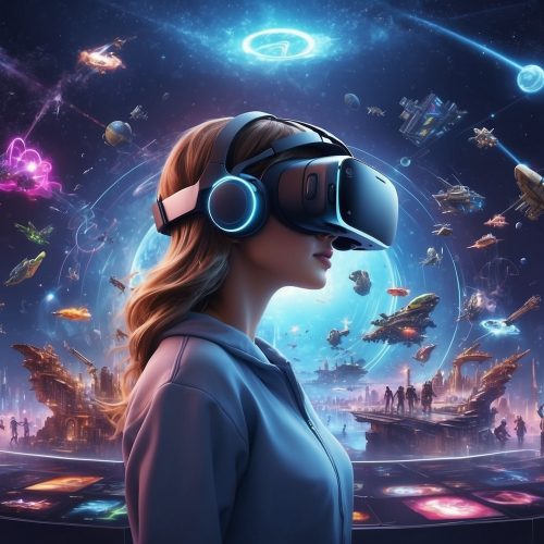 uma mulher usando óculos de realidade virtual