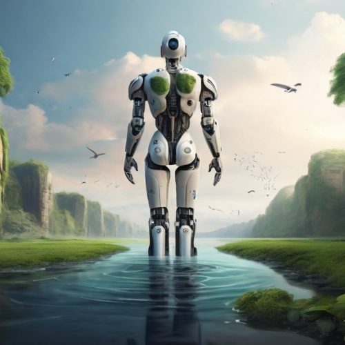 Um robô admirando uma paisagem