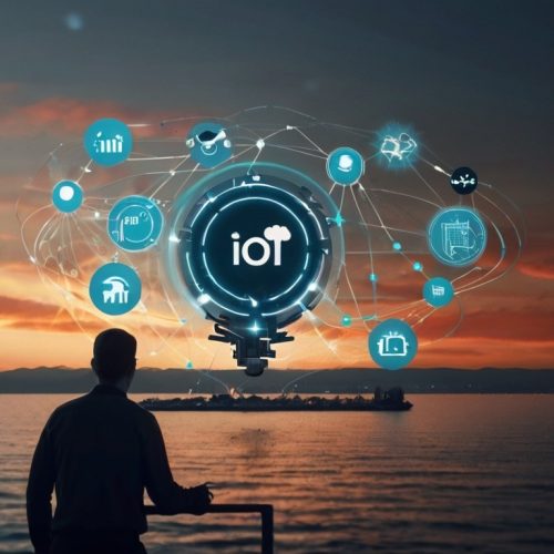 Uma paisagem de fundo com um balão representando a Internet das coisas