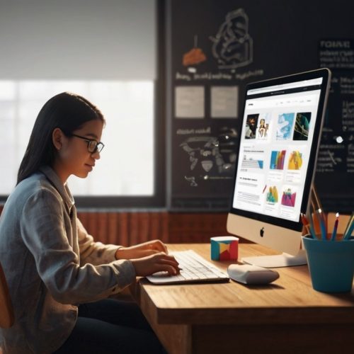 Uma menina utilizando um computador para estudar