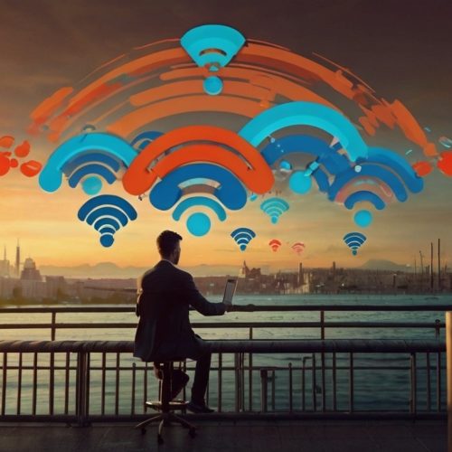 Um homem se conectando a uma rede wi-fi publica