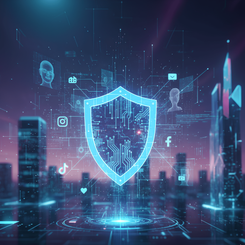 Uma representação visual da convergência da privacidade de dados (simbolizada por um escudo ou cadeado digital), redes sociais (ícones de plataformas ou redes conectadas) e o futuro tecnológico (elementos de IA, como circuitos, ou formas futuristas), com uma tonalidade que sugira tanto desafio quanto inovação.