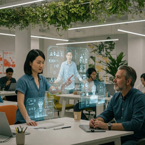 um ambiente de trabalho remoto futurista, com colaboração, tecnologia e conexão humana.