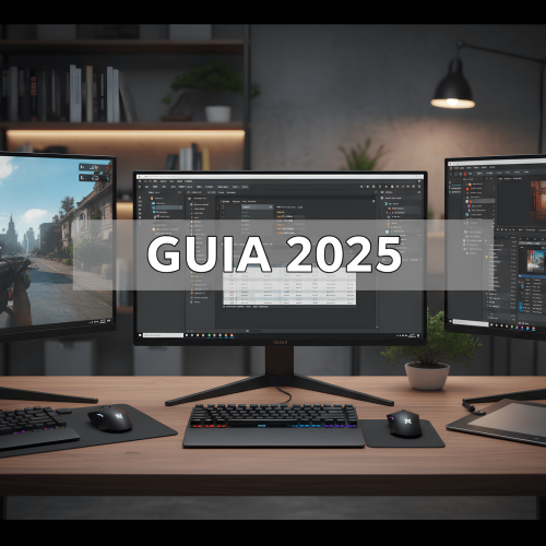 Uma mesa de escritório com três monitores de computador exibindo um jogo, um programa de edição e um software de desenvolvimento. O texto 'GUIA 2025' aparece na tela central.