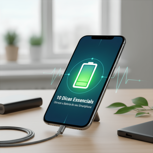 Um smartphone moderno está em um suporte sobre uma mesa de madeira, conectado a um cabo de carregamento. A tela do celular exibe um ícone de bateria brilhante em tom de verde neon, com ondas de energia estilizadas ao redor, simbolizando otimização e carregamento. No rodapé da tela, o texto "10 Dicas Essenciais: Otimize a Bateria do seu Smartphone" está visível. Ao fundo, uma janela com luz natural e algumas plantas desfocadas criam um ambiente clean e produtivo.