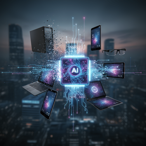 Uma ilustração futurista de um chip de IA central, com o símbolo "AI", irradiando circuitos de energia que se conectam a diversos dispositivos modernos, como um desktop, um laptop, um smartphone e um tablet. A cena se passa em uma paisagem urbana noturna, simbolizando a integração da tecnologia no cotidiano.