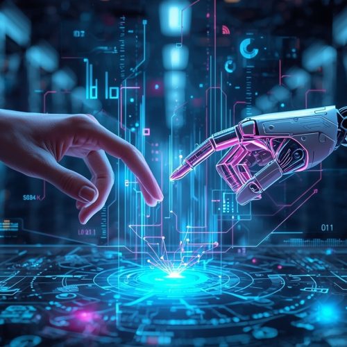 Uma mão humana estilizada e uma mão robótica de IA brilhante estão interagindo conjuntamente com uma interface holográfica complexa composta por fluxos de dados, gráficos preditivos, nós de rede e padrões geométricos que se erguem de um tabuleiro de jogo estratégico digital. O estilo é cyberpunk encontra alta tecnologia corporativa, com uma paleta de cores de azuis elétricos, roxos profundos e acentos ciano brilhantes. O fundo é um data center abstrato e desfocado. A atmosfera é dinâmica, inteligente e revolucionária.